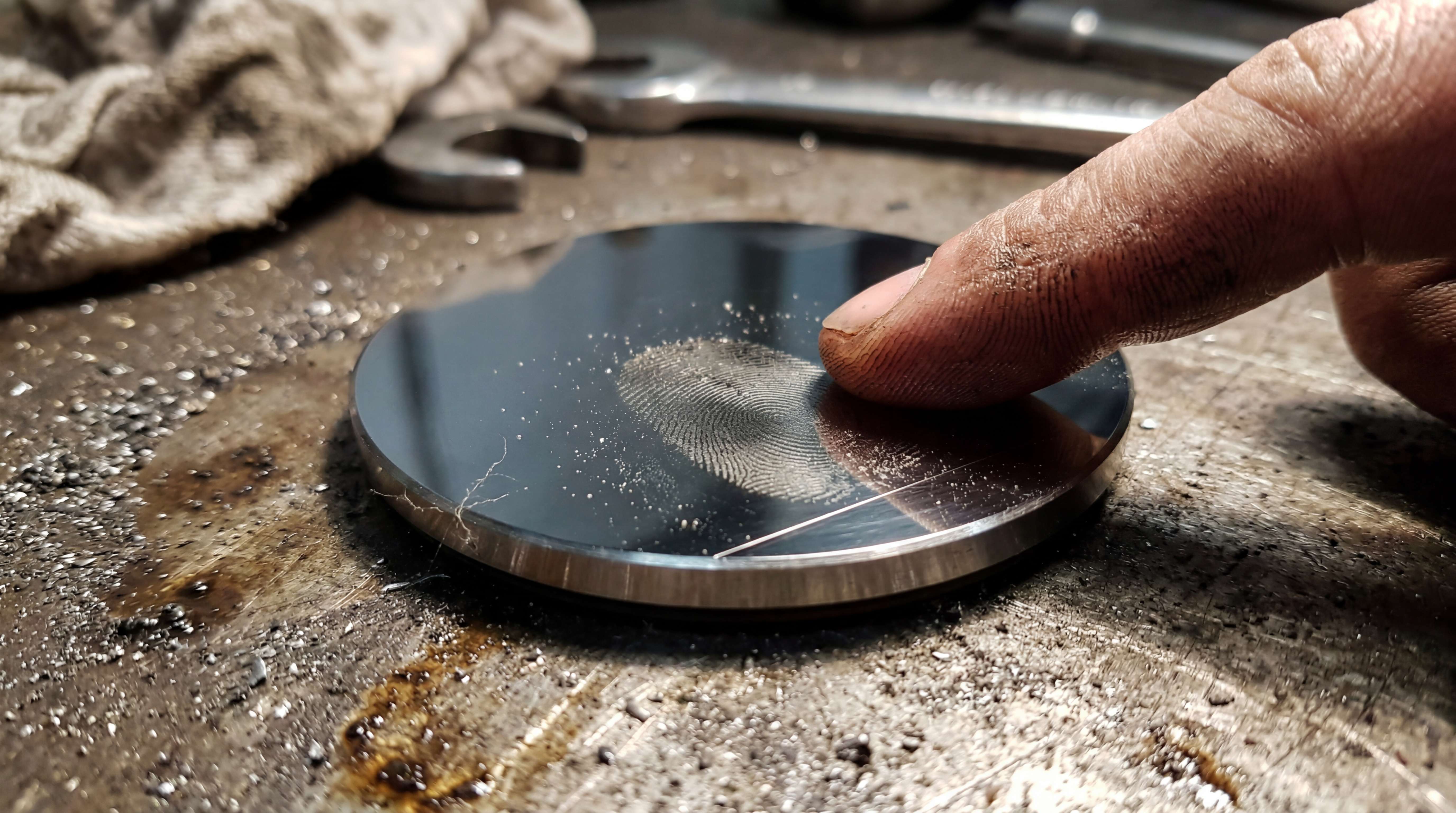 Contaminated mechanical seal face touched by finger with dirt particles scratches and surface damage risk before pump installation